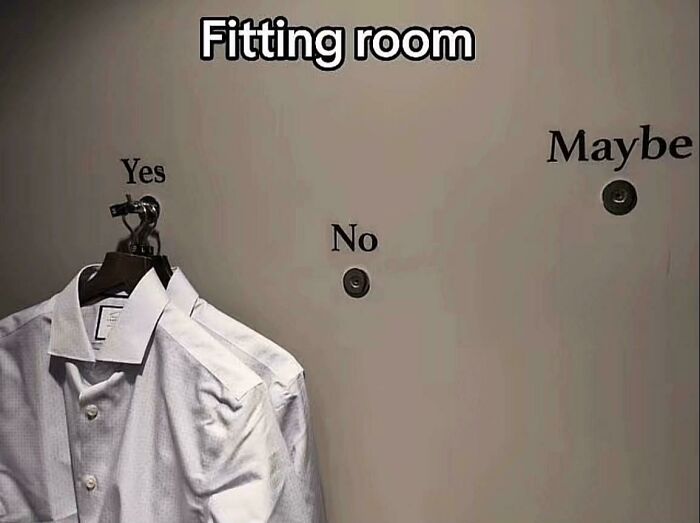 Fitting room with buttons labeled yes no and maybe for shirt fitting feedback
