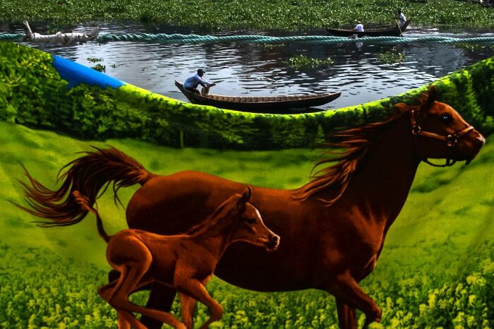 A vibrant mural of horses overlays a scene of boaters on a river, a captivating element of URBAN Photo Awards.