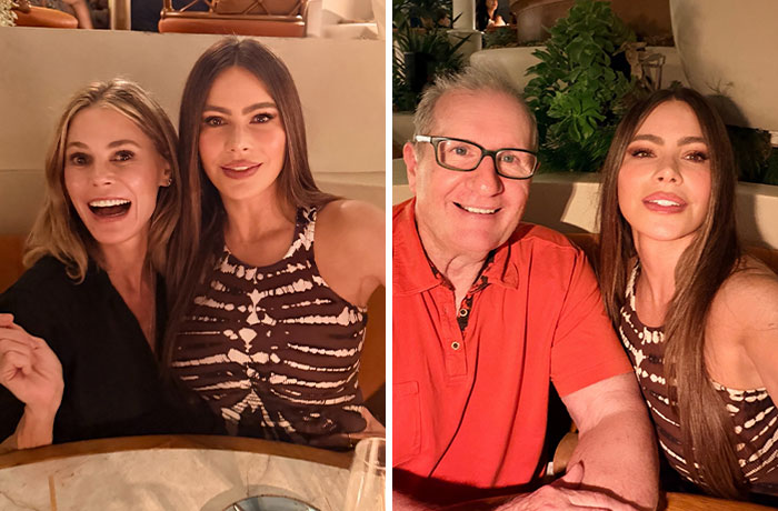 Two split images of Modern Family reunion pics, showing cast members and an absent star.