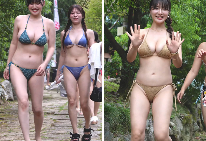 Three Japanese women in bikinis enjoying the countryside, fueling a debate about Western beauty standards. Three Japanese women in bikinis enjoying the countryside, fueling a debate about Western beauty standards.
