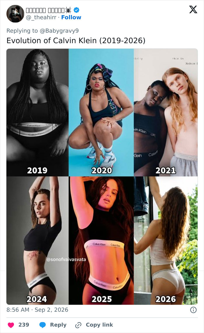 Social media post showing the evolution of Calvin Klein ads from 2019-2026, a viral comparison to past ads. Social media post showing the evolution of Calvin Klein ads from 2019-2026, a viral comparison to past ads.
