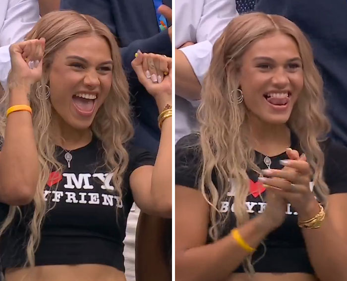 A woman dancing at US Open, wearing an "I Love My Boyfriend" shirt, a viral sensation