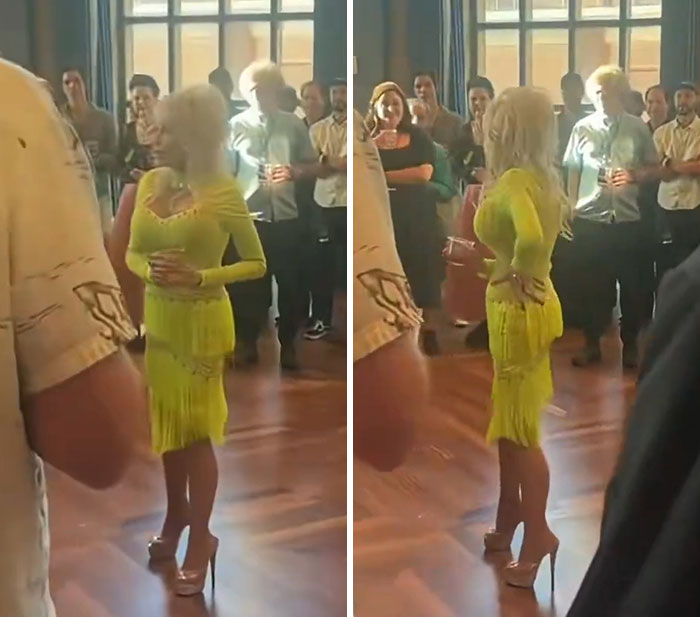 Two side-by-side images of Dolly Parton in a shimmering neon green dress, posing for a fan's final video. Two side-by-side images of Dolly Parton in a shimmering neon green dress, posing for a fan's final video.