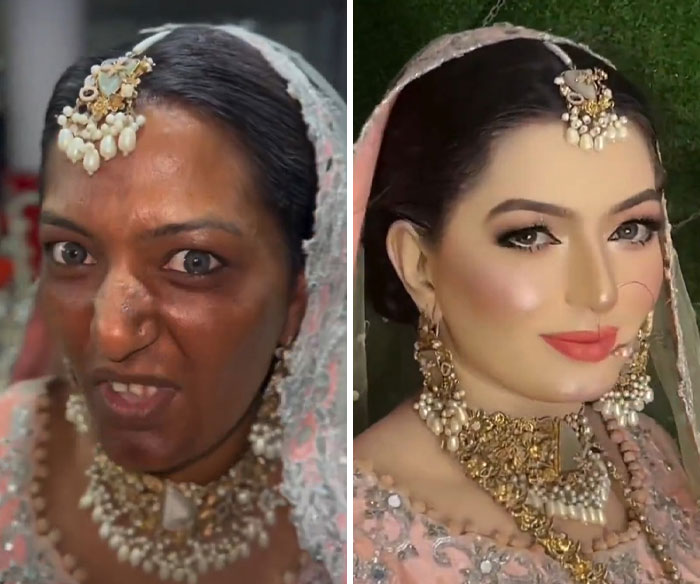 Before and after images of a woman's dramatic wedding day transformation with professional makeup and adornments. Before and after images of a woman's dramatic wedding day transformation with professional makeup and adornments.