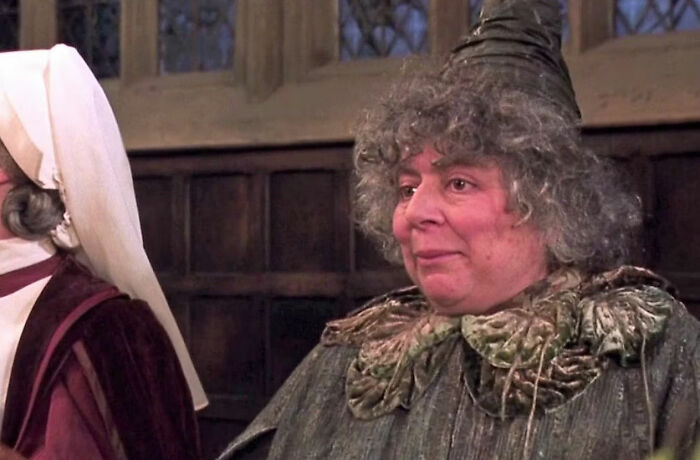 Harry Potter star Miriam Margolyes as Professor Sprout, known for her remarks about skin color. Harry Potter star Miriam Margolyes as Professor Sprout, known for her remarks about skin color.