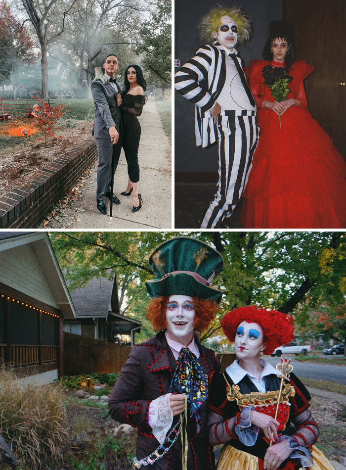 Three couples in various costumes, illustrating women finding the right man and shared joy.