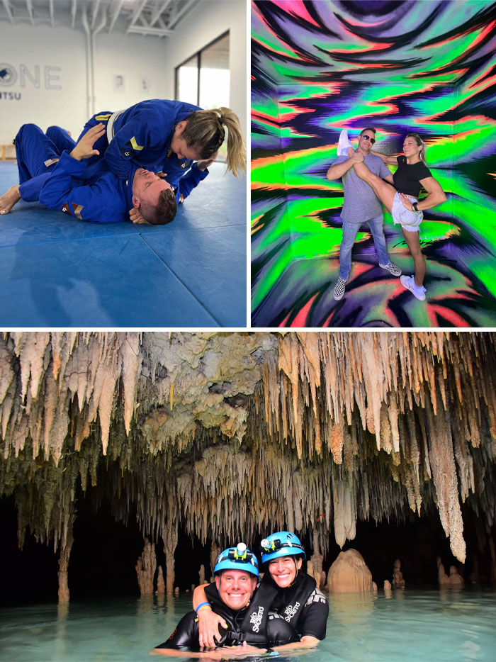 Collage of couples activities: jiu-jitsu, dancing in a colorful room, and caving. Sweetest proof they found the right man.