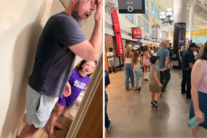 Two images side-by-side: a man looking stressed with a happy child peeking, and a crowded public space, showing sweet proof.