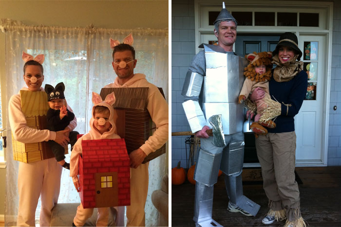 Two images of families in creative costumes: one as Three Little Pigs, other as Tin Man, Lion, and Scarecrow, sweet proof of finding the right man.