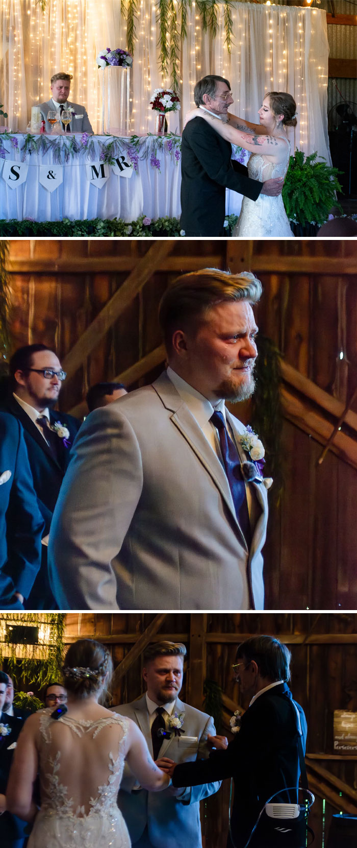A multi-panel image of a wedding with the groom looking emotional. Proof of finding the right man.