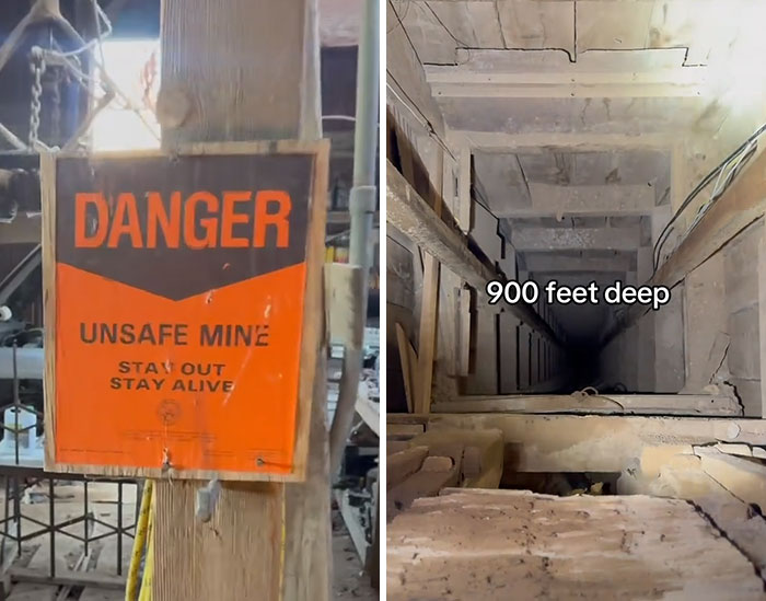 An orange danger sign next to a shaft 900 feet deep in the entire ghost town. An orange danger sign next to a shaft 900 feet deep in the entire ghost town.