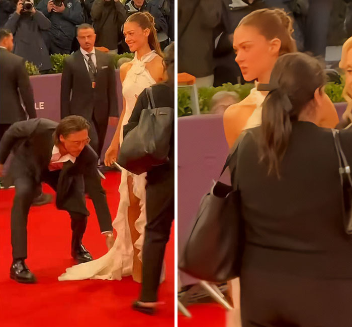 Brooklyn Beckham adjusts Nicola Peltz's dress on the red carpet, with her reaction causing speculation. Brooklyn Beckham adjusts Nicola Peltz's dress on the red carpet, with her reaction causing speculation.