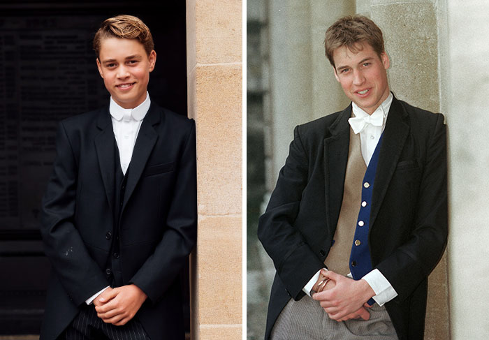 Young Prince William's Eton College portraits side-by-side, sparking reactions to Prince George's portrait. Young Prince William's Eton College portraits side-by-side, sparking reactions to Prince George's portrait.