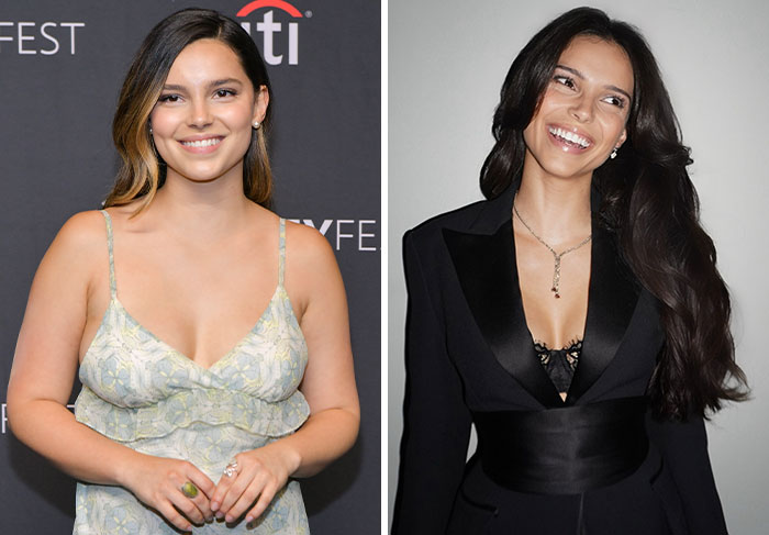 Before and after transformation of a Hollywood rising star with light hair on the left and dark hair on the right. Before and after transformation of a Hollywood rising star with light hair on the left and dark hair on the right.