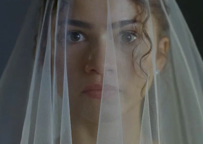 Close-up of Zendaya's face partially obscured by a delicate white veil, protecting her custom wedding dress. Close-up of Zendaya's face partially obscured by a delicate white veil, protecting her custom wedding dress.