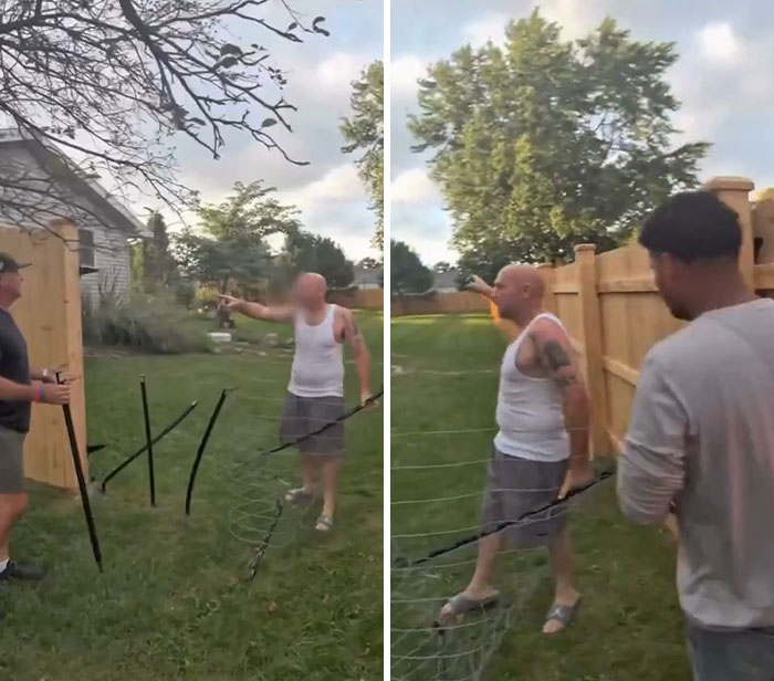 A split image of two fence builders in a yard, installing and then removing parts of a fence, after a male Karen refuses to pay them. A split image of two fence builders in a yard, installing and then removing parts of a fence, after a male Karen refuses to pay them.