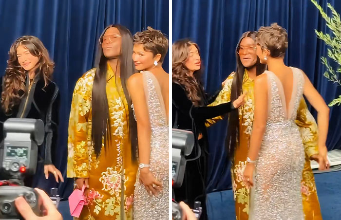 A Hollywood Star attempting to hug Zendaya while her stylist looks on during an awkward interaction.