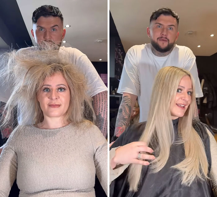 A hairdresser gives his childhood bully a brutal reality check, transforming her messy hair into sleek blonde hair.