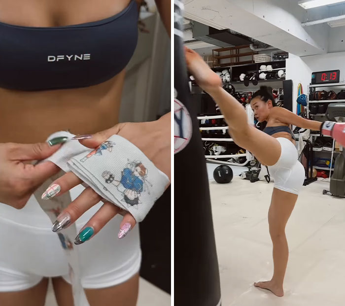Side-by-side of Hollywood actress wrapping her hands and performing a high martial arts kick Side-by-side of Hollywood actress wrapping her hands and performing a high martial arts kick
