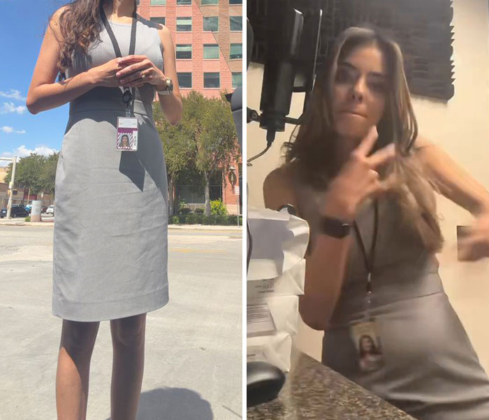 Comparison of a lawyer wearing a grey sheath dress in public and on camera.