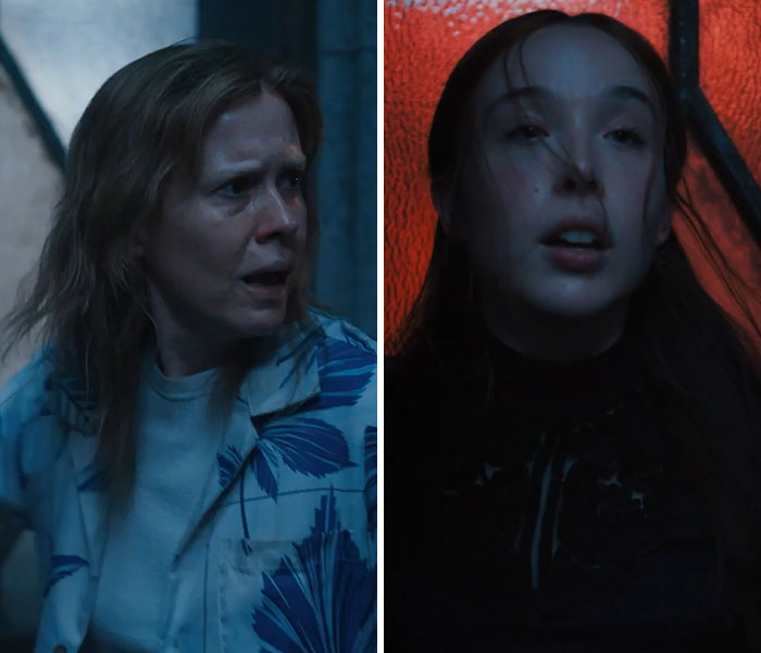 Side-by-side scenes of concerned and intense characters in a tense moment from the Lizzie Borden series. Side-by-side scenes of concerned and intense characters in a tense moment from the Lizzie Borden series.