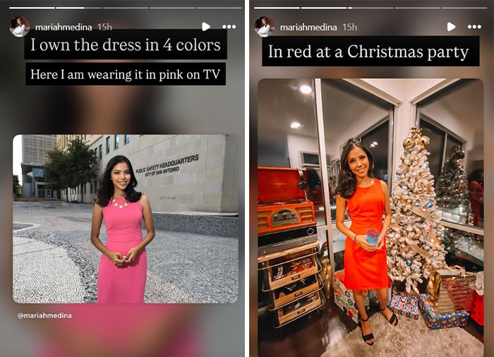 Social media stories of a female lawyer wearing her dress in pink and red.