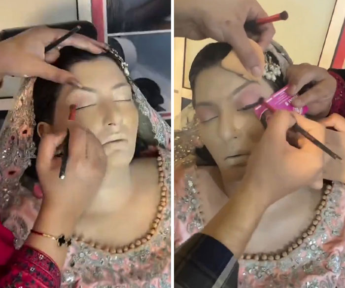 Two close-up views of a woman getting elaborate eye makeup for her wedding day transformation. Two close-up views of a woman getting elaborate eye makeup for her wedding day transformation.
