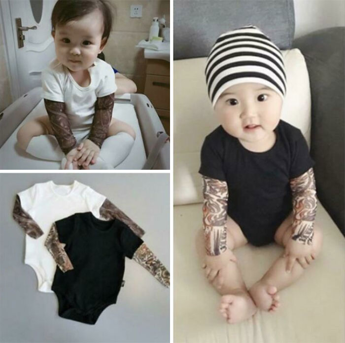 Babies wearing bodysuits with realistic printed tattoo sleeves