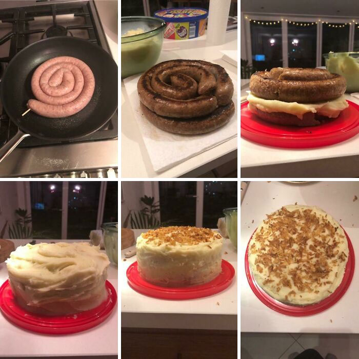 Creative cooking project transforming sausage and mashed potatoes into cake