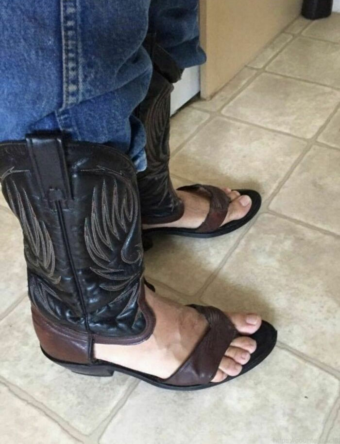 Unusual flawless craftsmanship footwear combining cowboy boots and sandals