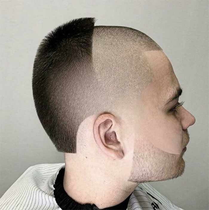 Flawless craftsmanship unique haircut with contrasting shaved and trimmed hair sections
