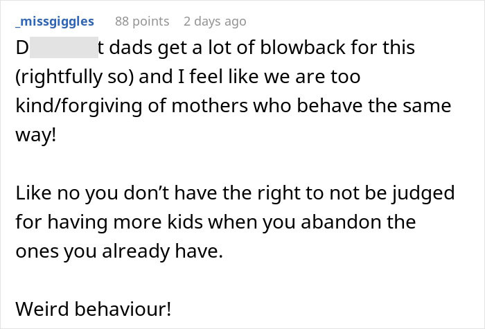 A Reddit comment discussing the double standard in judging mothers who leave children for IVF versus fathers. A Reddit comment discussing the double standard in judging mothers who leave children for IVF versus fathers.
