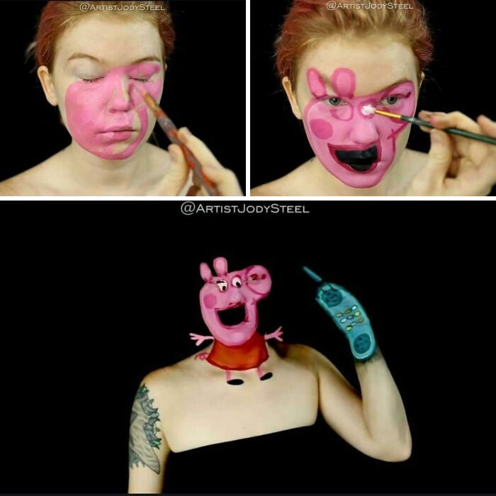 Flawless craftsmanship body paint transforms face into cartoon character design