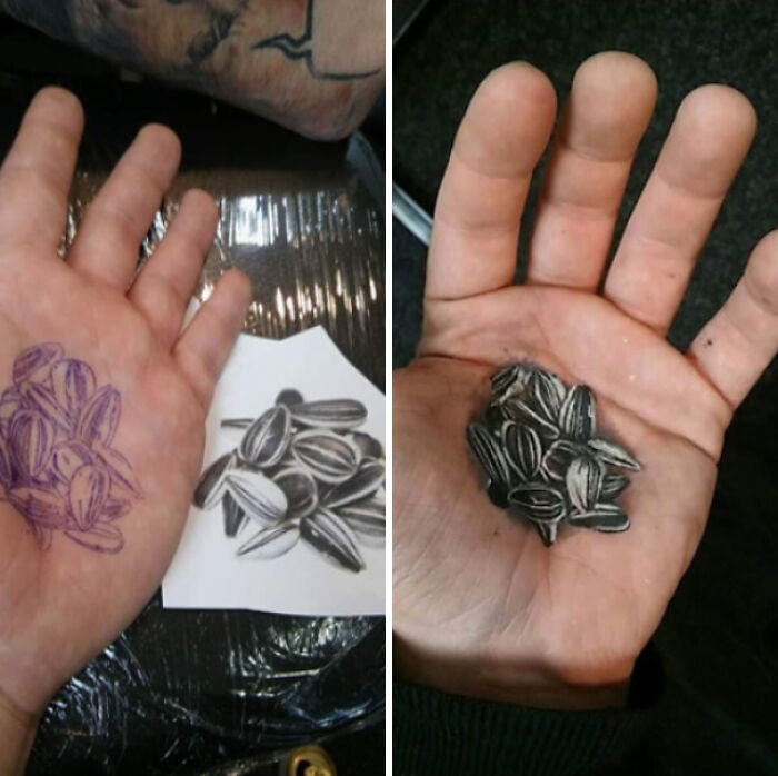 Realistic tattoo of sunflower seeds drawn and inked on hand