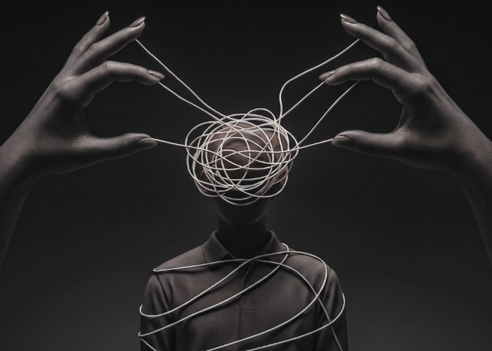 Hands pulling strings from a person's head, symbolizing a dangerous personality type like psychopaths manipulating someone. Hands pulling strings from a person's head, symbolizing a dangerous personality type like psychopaths manipulating someone.