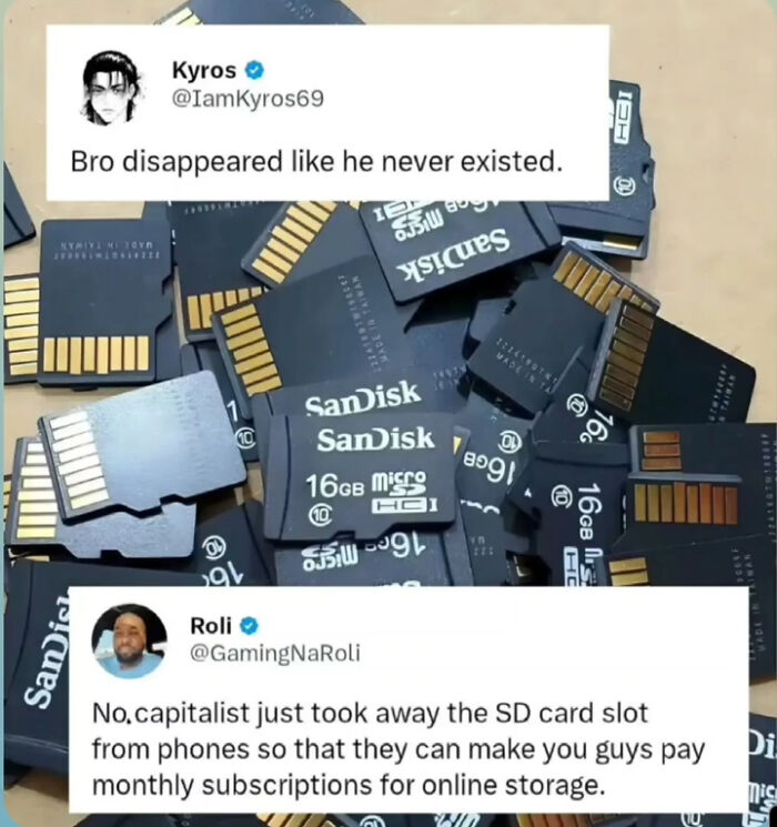 A social media post about SD card slots disappearing from phones, showing products and services getting worse.