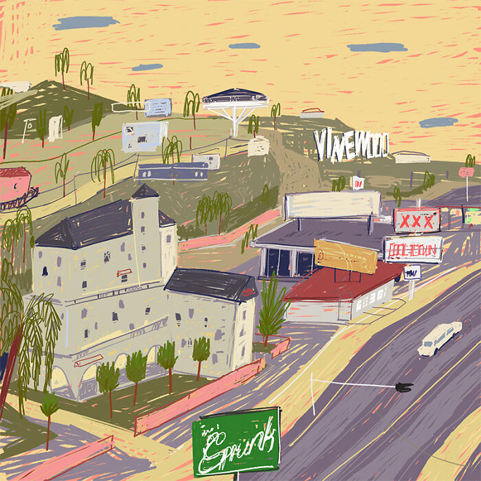 Nostalgic paintings depicting the golden era of GTA with a Vinewood sign on a hill.
