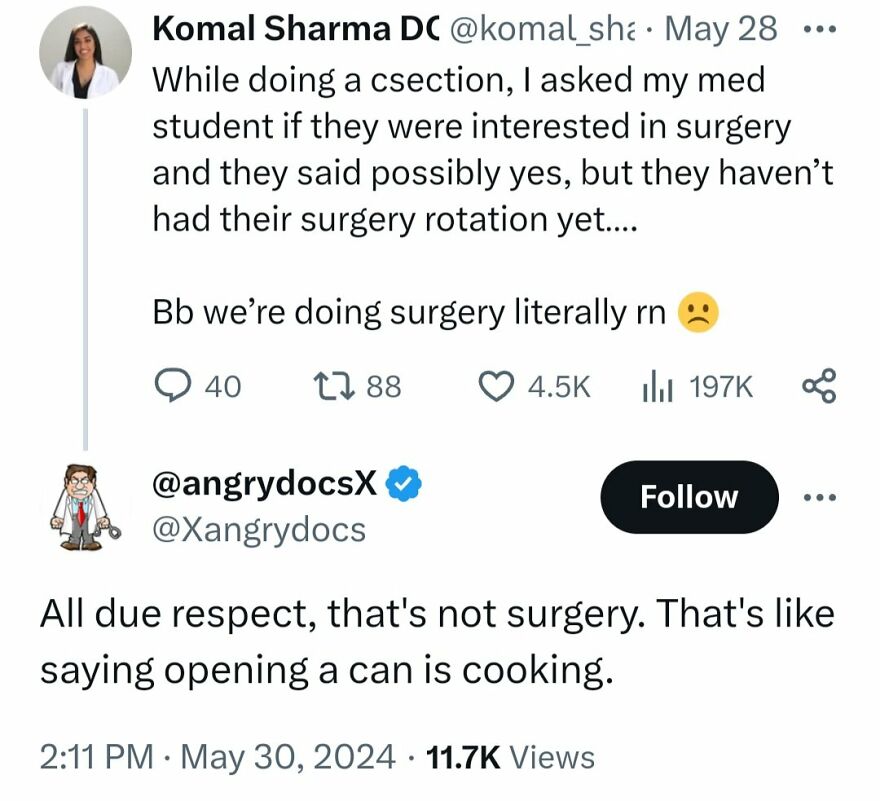 A Twitter post discussing terrible medical takes, where a C-section is incorrectly called surgery.