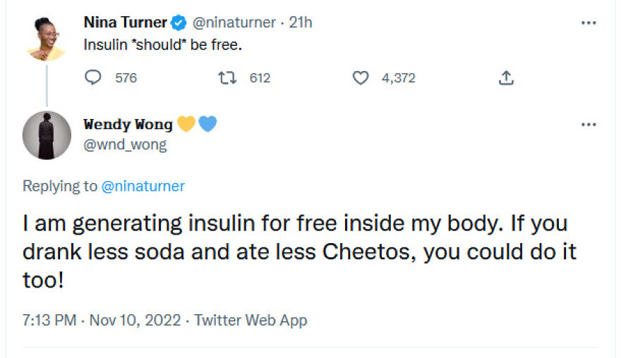 A Twitter conversation with terrible medical takes about insulin generation in the body for free.