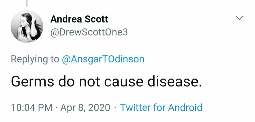 A Twitter post showing one of the terrible medical takes: Germs do not cause disease.