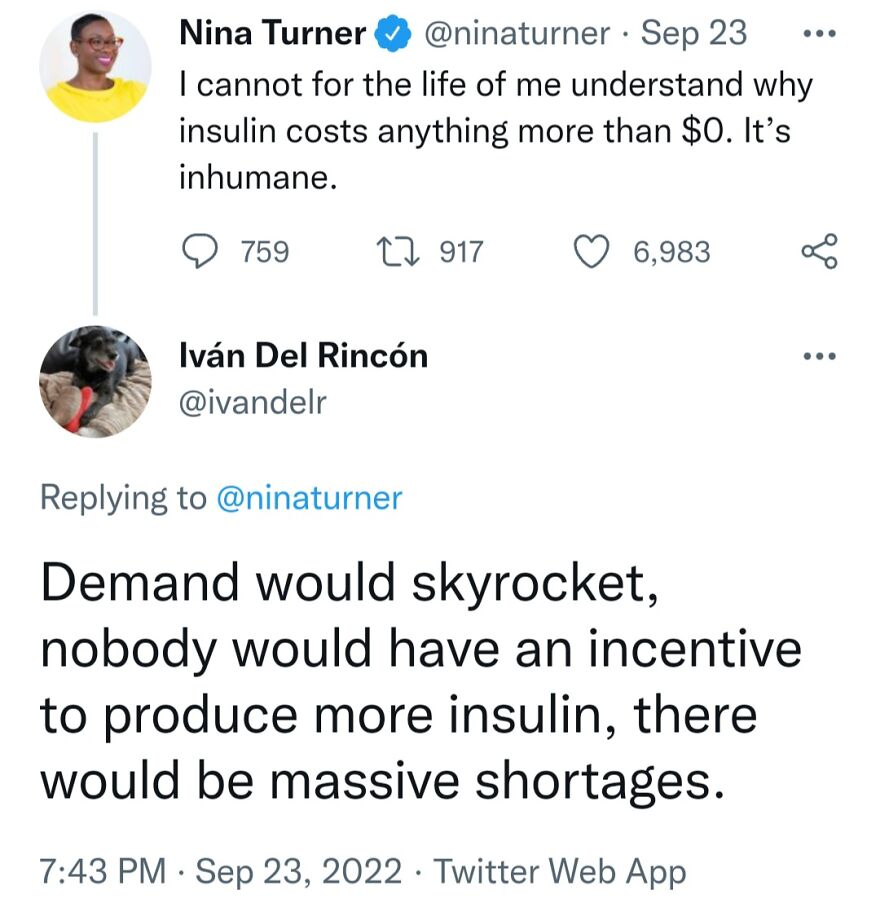 Social media posts with terrible medical takes discussing the cost of insulin and potential shortages.