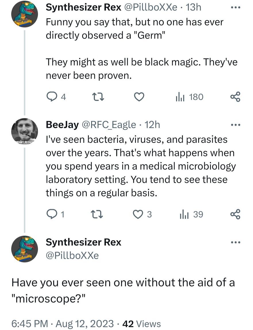 Social media posts with terrible medical takes questioning the existence of germs without a microscope.
