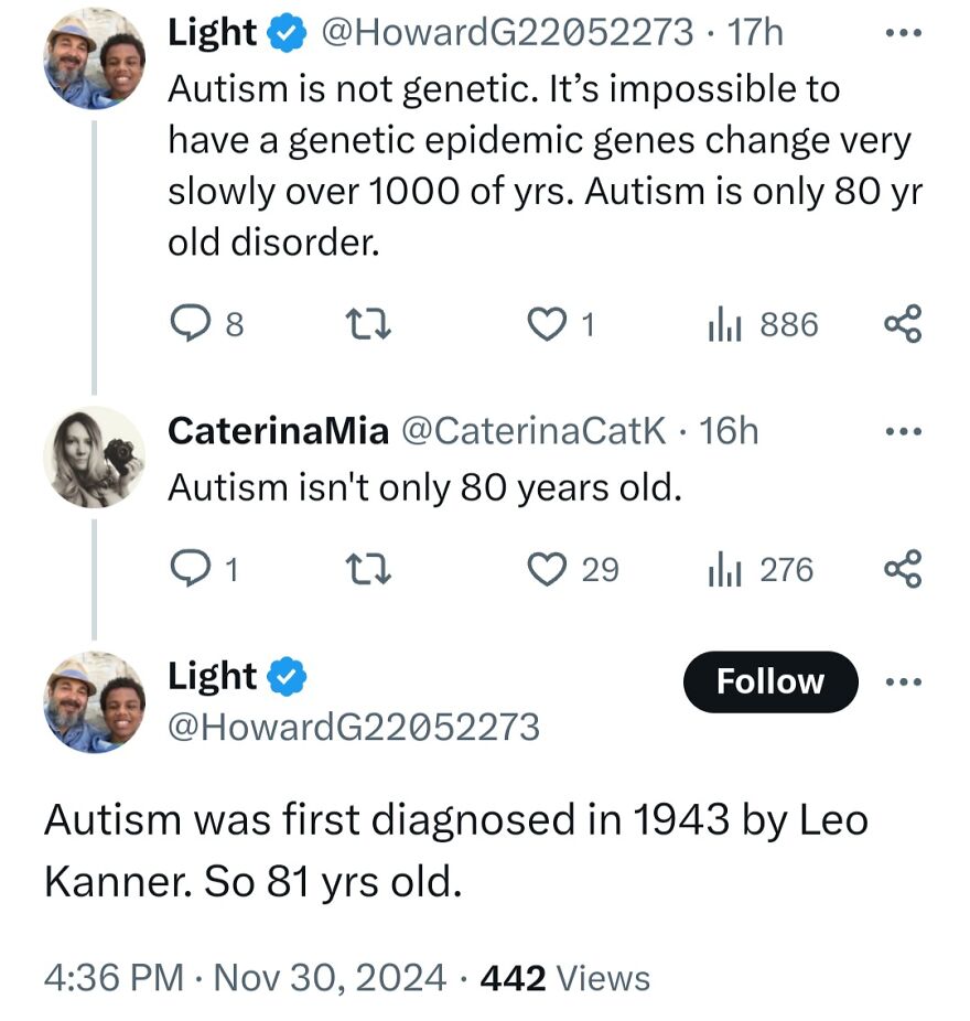 Social media posts with terrible medical takes discussing the age and genetics of autism.