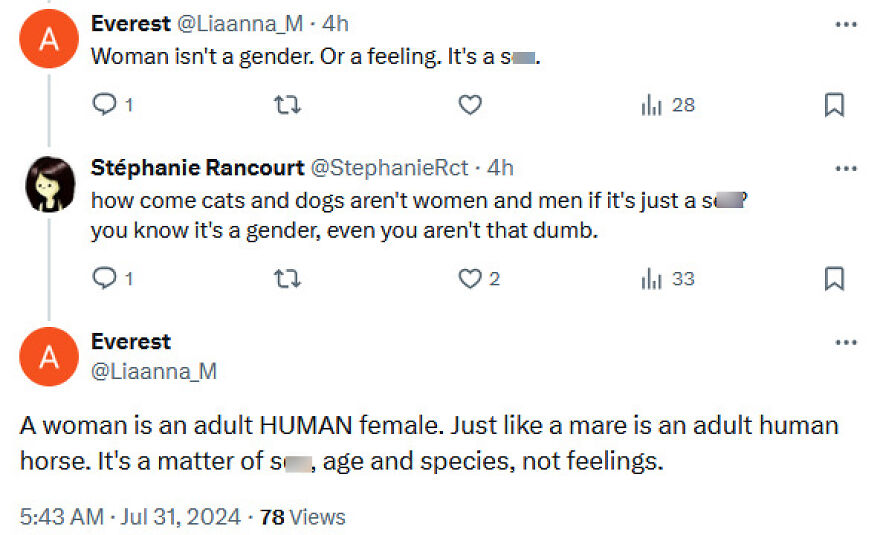 Social media posts with terrible medical takes debating the definition of woman and gender.