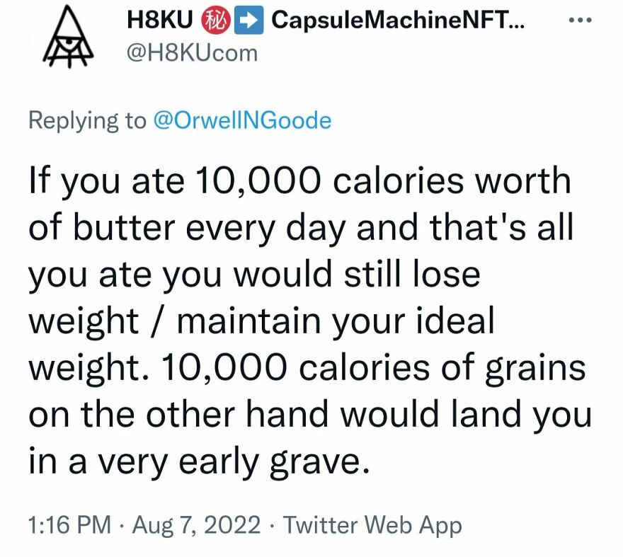 A social media post with a terrible medical take about calorie intake from butter vs. grains.