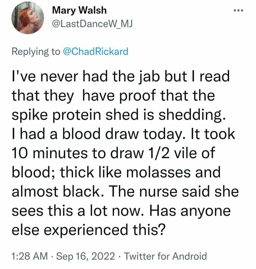 A social media post about thick, dark blood after a blood draw, attributing it to spike protein shedding, a terrible medical take.