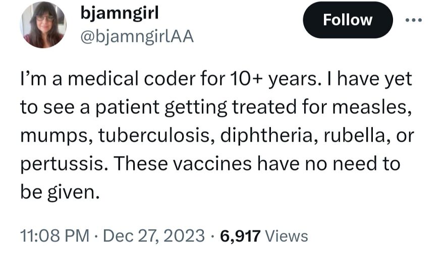 A social media post from a medical coder claiming vaccines are unnecessary for measles, mumps, tuberculosis, diphtheria, rubella, or pertussis.