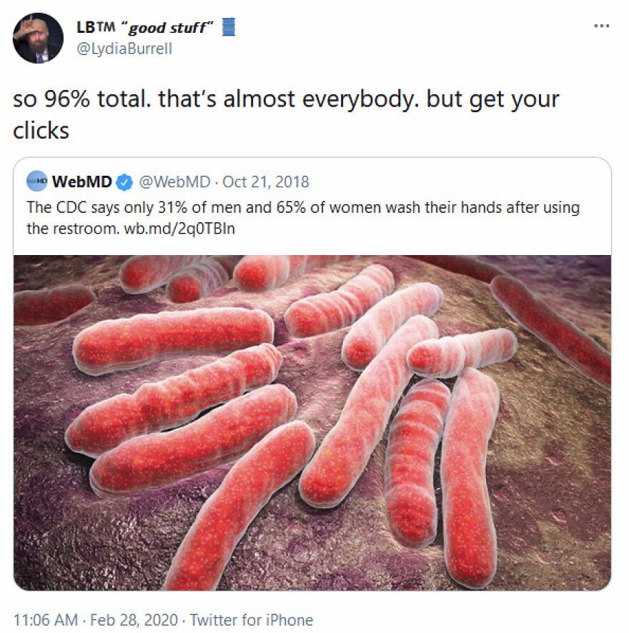 A social media post displaying rod-shaped bacteria, discussing hand washing statistics and terrible medical takes.