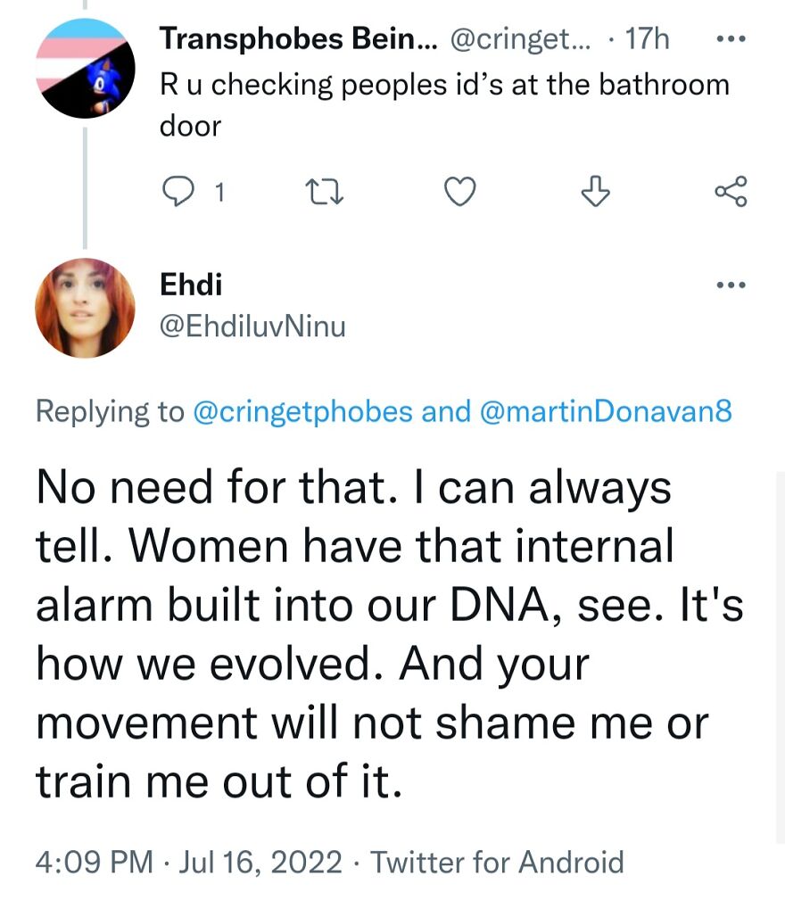 Screenshot of a social media post displaying a terrible medical take on distinguishing women using internal DNA.