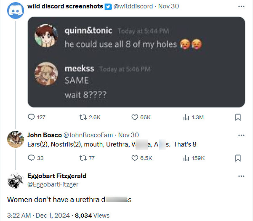 Screenshot of a social media discussion about terrible medical takes on human anatomy and orifices.